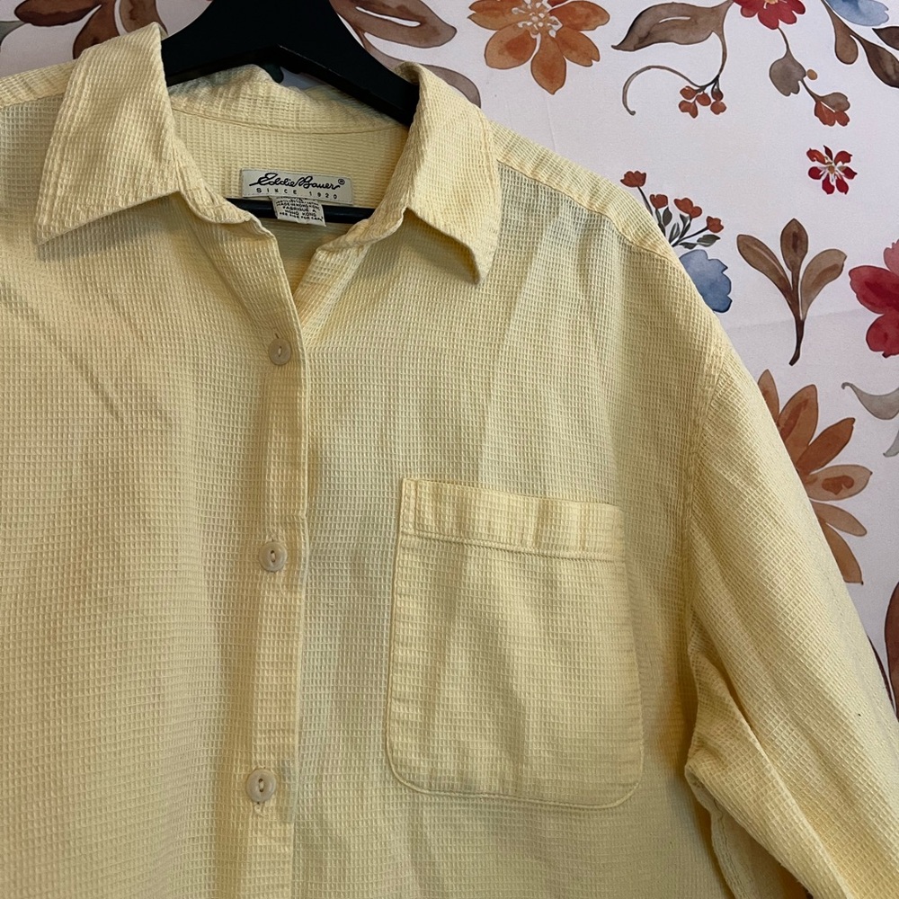 Vintage Eddie Bauer Women L Butter Yellow Waffle Spring Long Sleeve Casual Shirt